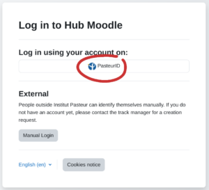 Hub Moodle login page with Pasteur ID circled in red